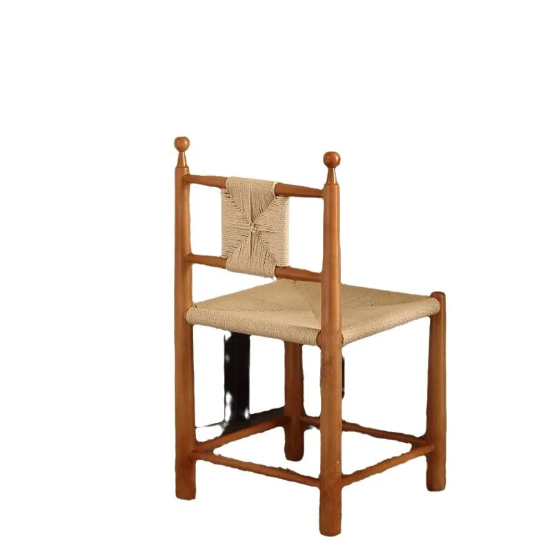 Nordic medieval solid wood rope woven rattan retro dining chair French home bed and breakfast cafe leisure chair medieval style