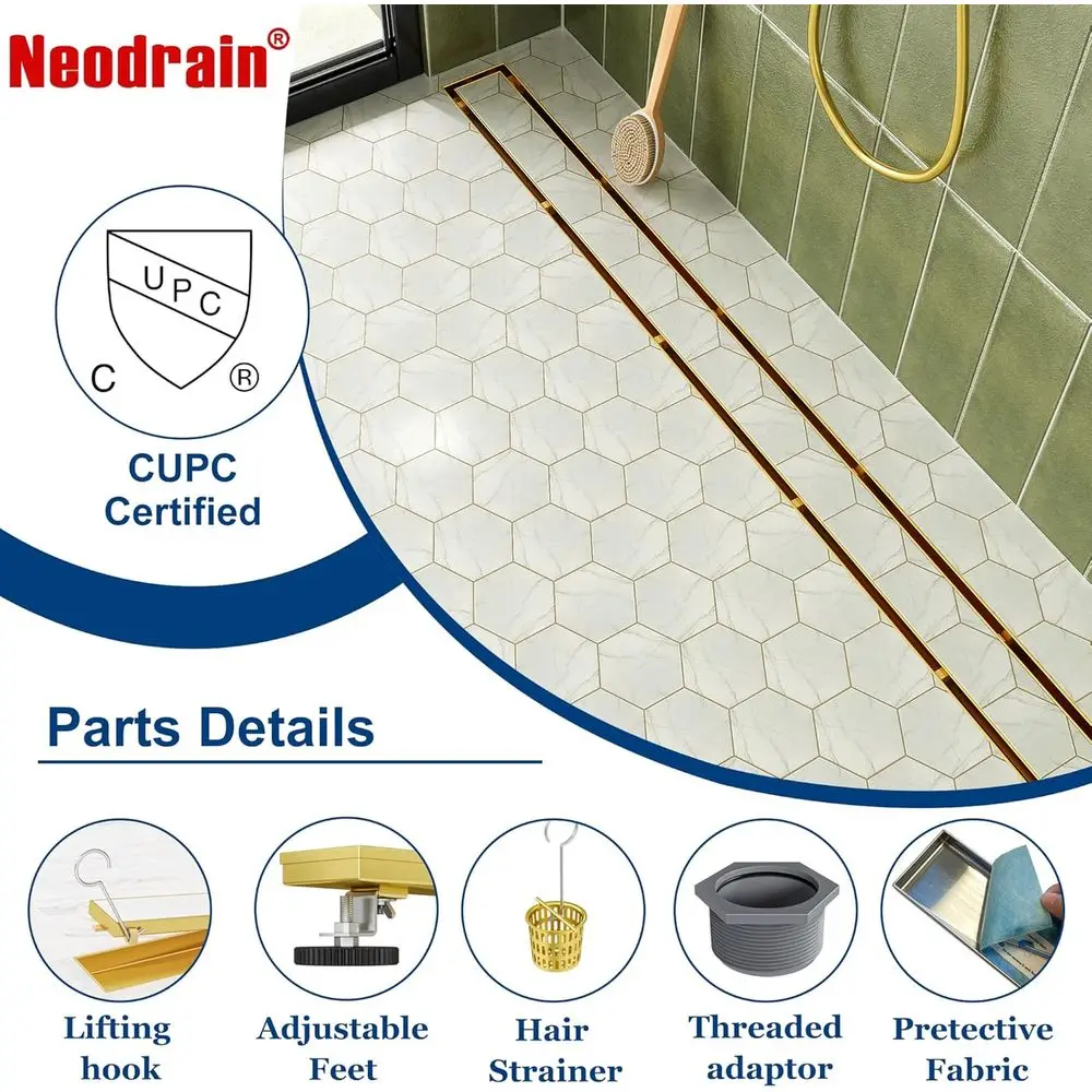 Ralo Linear de Chuveiro de 30 Polegadas com Inserção para Azulejo, Aço Inoxidável 304, Pés Niveladores, Coletor de Cabelos, Certificado CUPC