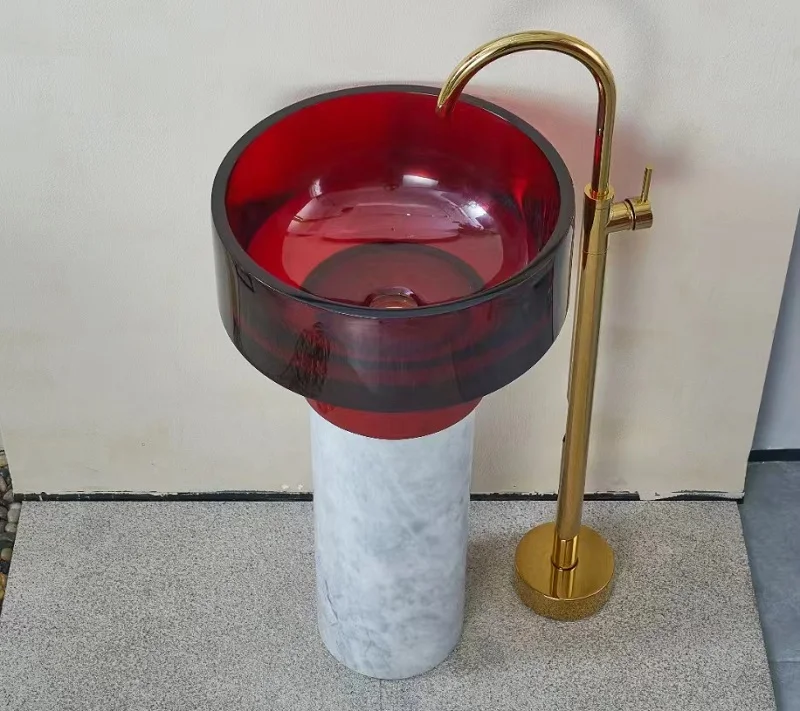 

480*480*900 мм прозрачная смоляная хрустальная раковина на пьедестале, раковина премиум-класса, круглая отдельно стоящая красочная разноцветная раковина для ванной комнаты