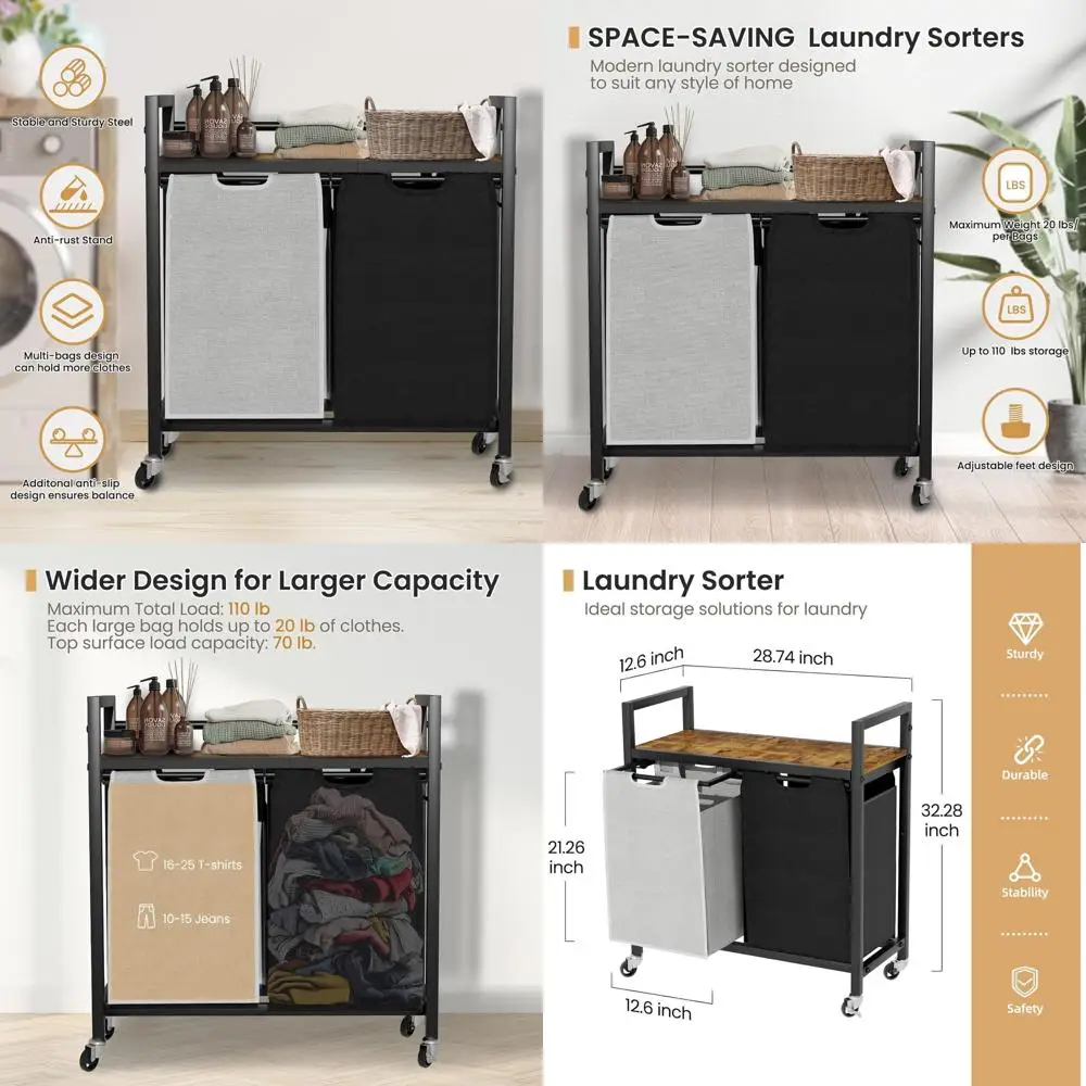 

Double-Bag Laundry Sorter with Wheels and Shelf for Efficient Clothing Storage in Laundry, Bathroom, or Bedroom (Black and Grey)