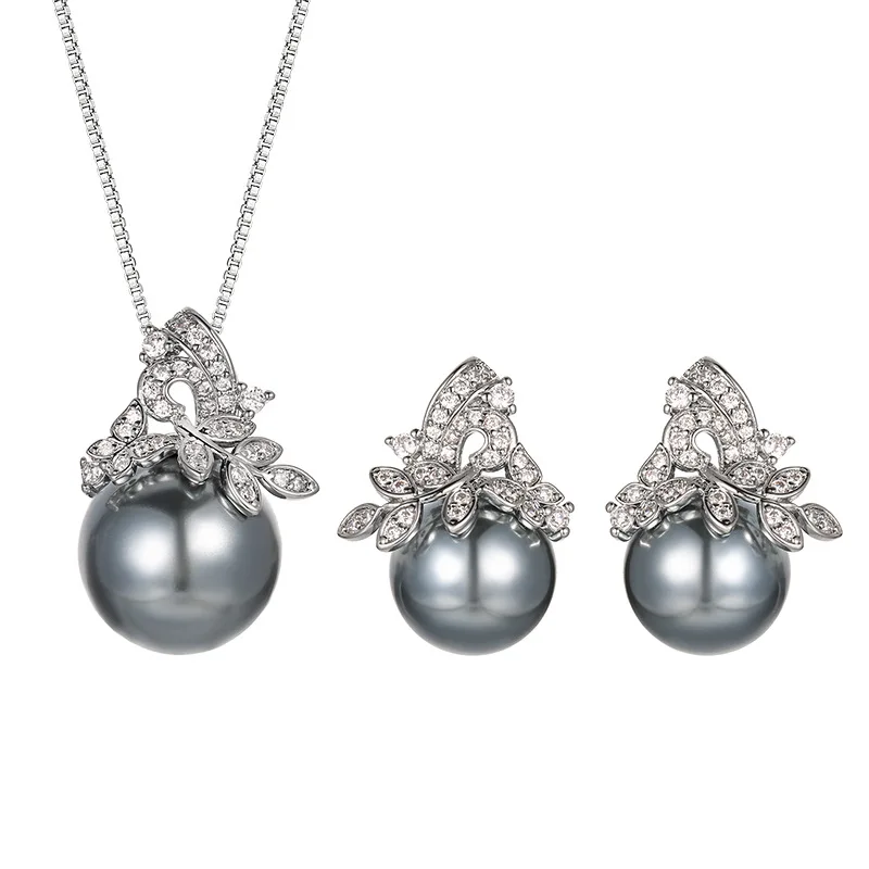 Elegant Grey Pearl Jewelry Leaf Design Necklace Earrings with Sparkling CZ Zircon Women's Fashion Accessories Party Daily Wear