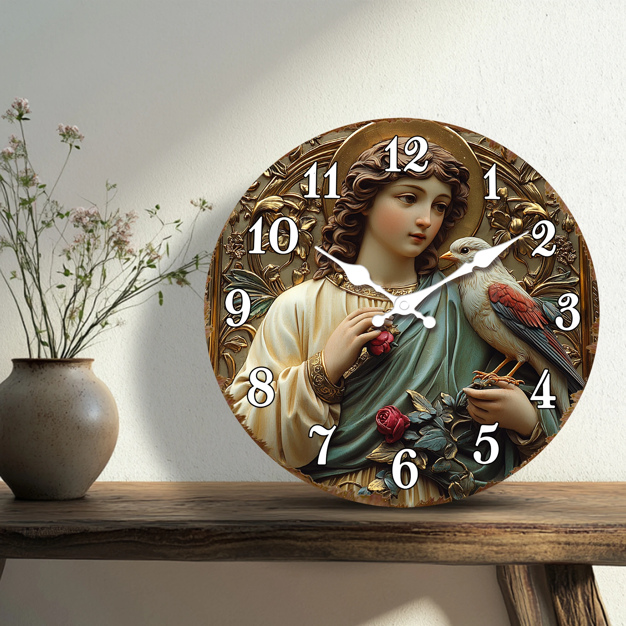 Angel with Dove and Rose Wall Clock, Religious Art Inspired Round Timepiece, Ornate Golden Frame Decorative Clock for Spiritual