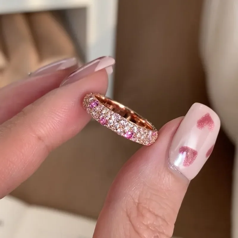 خاتم كريستال كامل مطلية بالنحاس للنساء ، ذهب وردي ، لامع ، حلو ، فاخر ، زفاف ، هدية مجوهرات ، جديدة #2