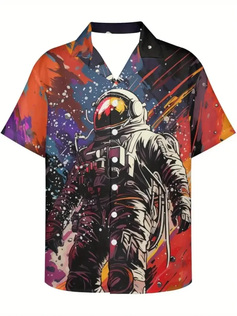 

Men's Short Sleeve Hawaiian Shirt Full Print Astronaut & Pizza Space Adventure Theme Button-Up Aloha Shirt Men's Vacation Blouse