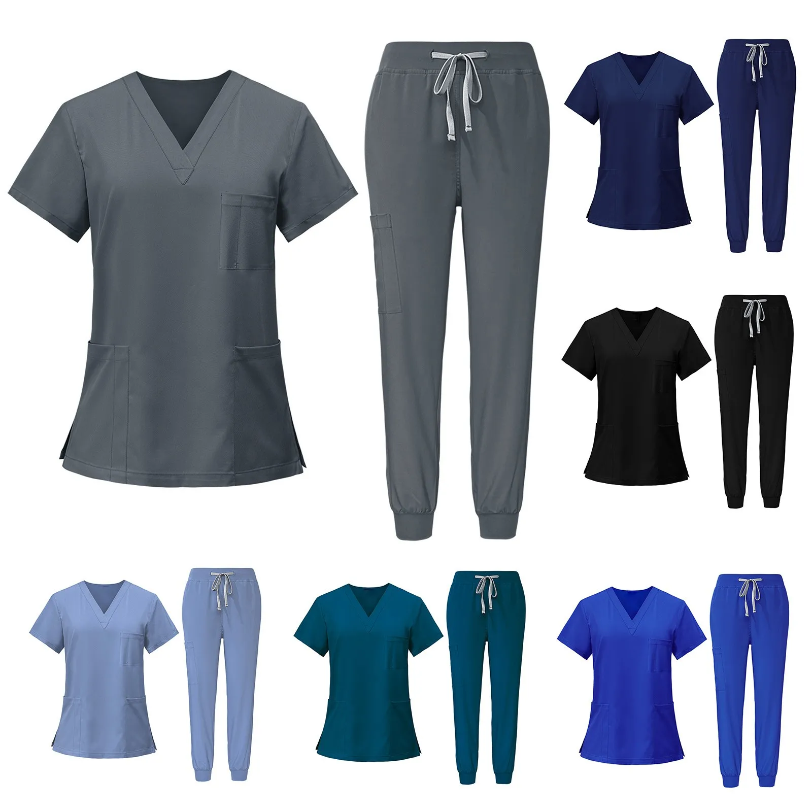 

Women Casual Short Sleeve V Neck Nursed Working T Shirts Top With Pocket And Drawstring Long Pants Solid Color Set Outfit