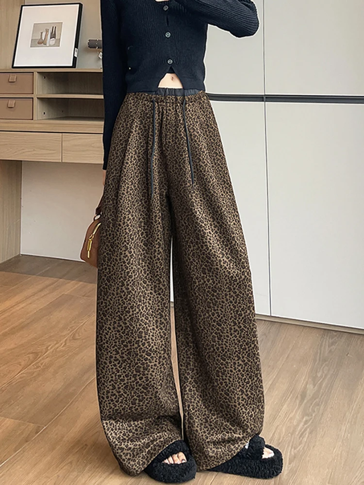 بنطلون نسائي واسع الساق بخصر مرتفع وطبعة الفهد من الجلد المدبوغ، فضفاض مع حزام مطاطي، جديد للخريف والشتاء، يساعد على تنحيف الجسم