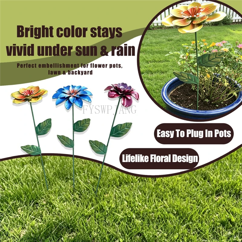 Piquet de jardin en fer à trois couleurs avec motif floral, ornement artisanal en métal à motif floral simple pour la décoration extérieure de jardin, de parc et de pelouse