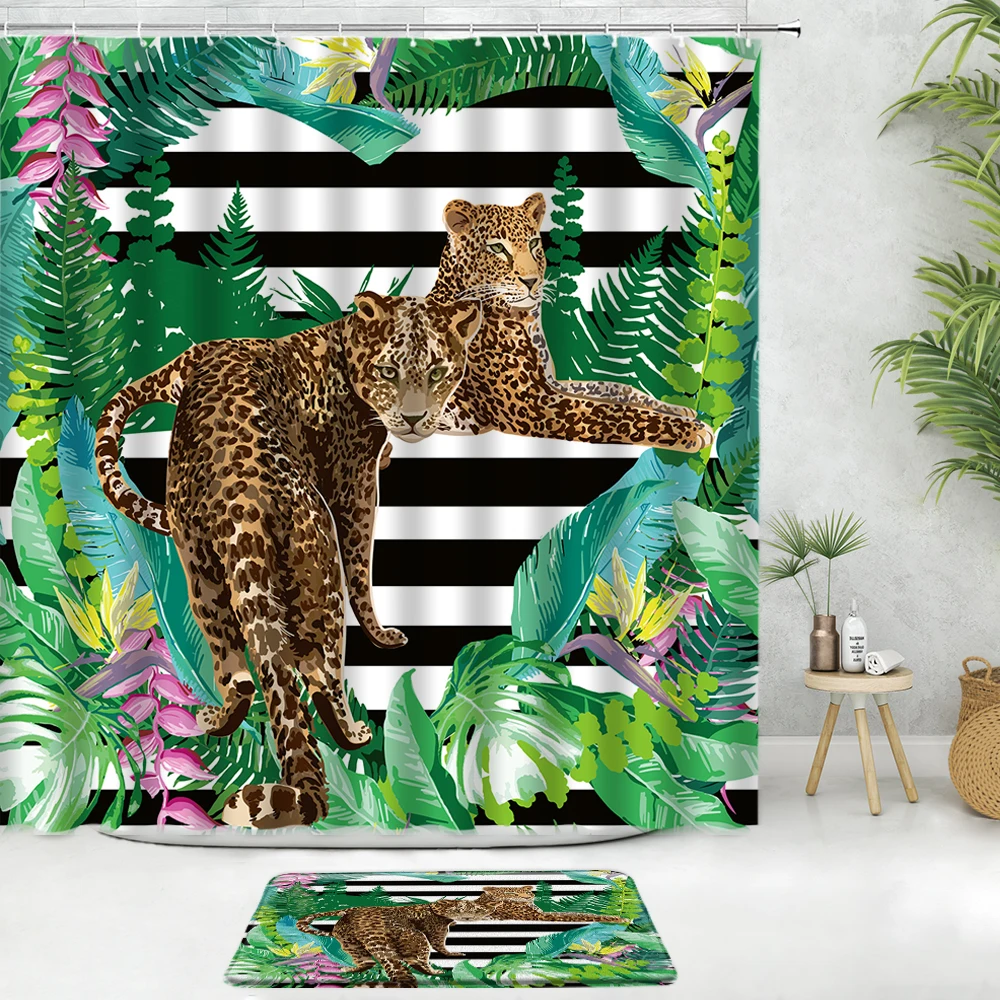 

Tropical Jungle Animal Shower Curtain Set Bath Mat Leopard Parrot Flamingo Green Leaf Plant Scenery Bathroom Decor Non-Slip Rug