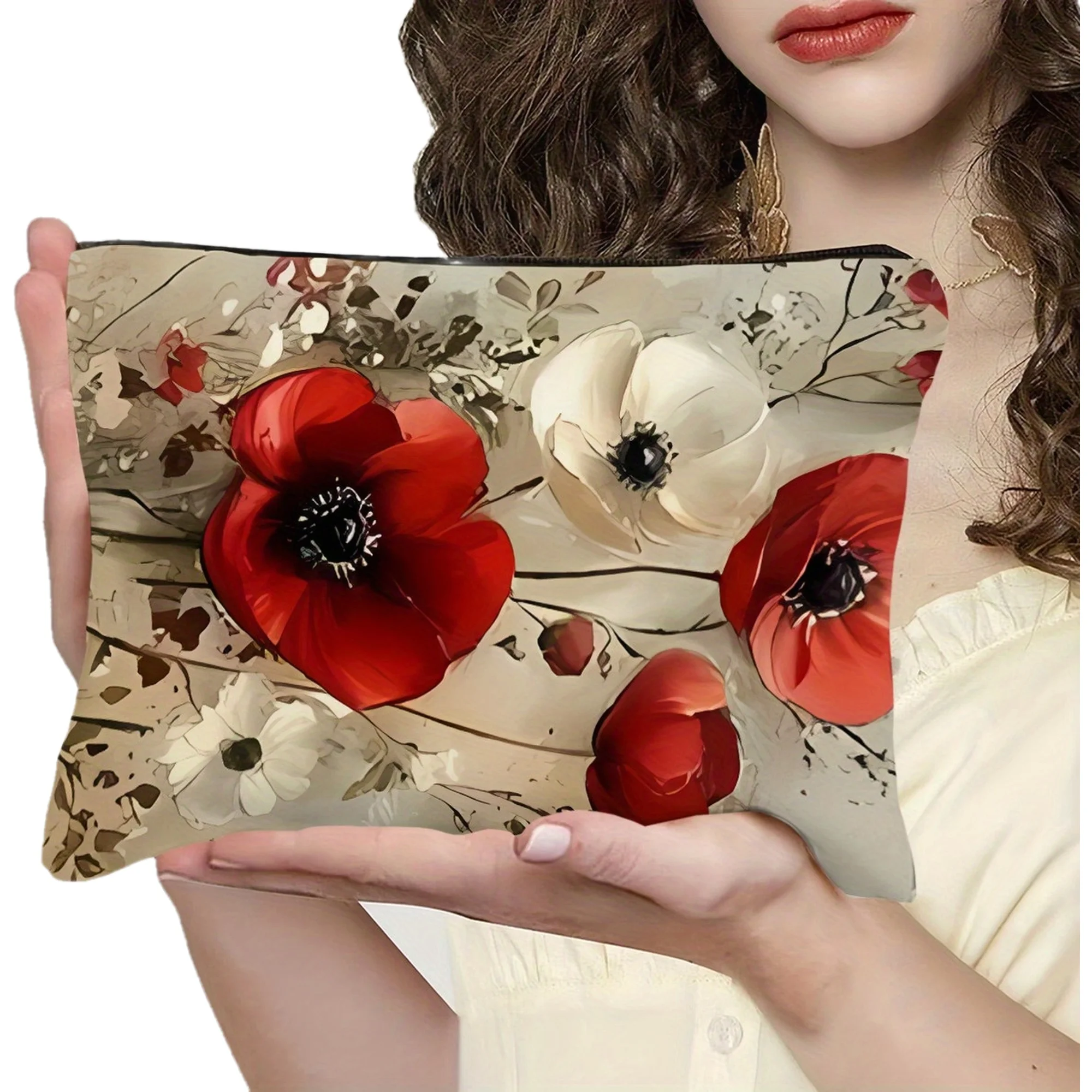 Stylish Floral Cosmetic Bag - Durable Cloth Makeup Organizer with Red & White Poppies, Lightweight Compact Travel & Home Storage