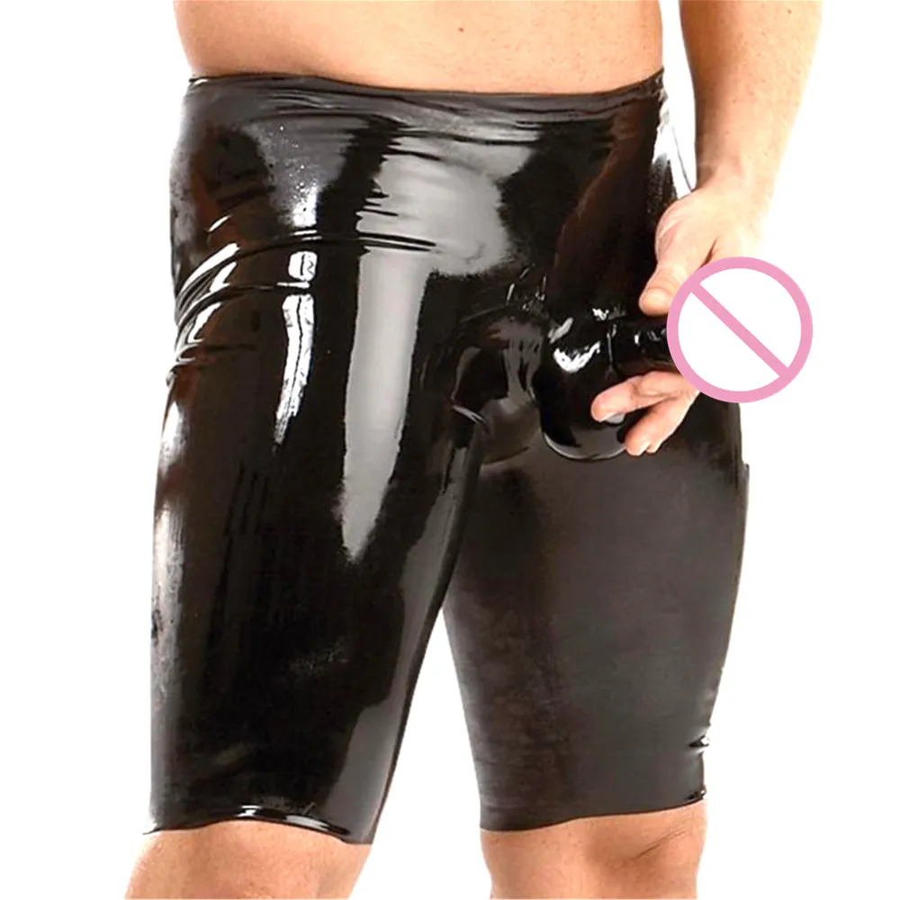 Sexy Mens Lingerie Stretchy Faux Leather Exotic Short Pants With Penis Sleeves Latex Fetish Underpants Male Gay Panties Costumes