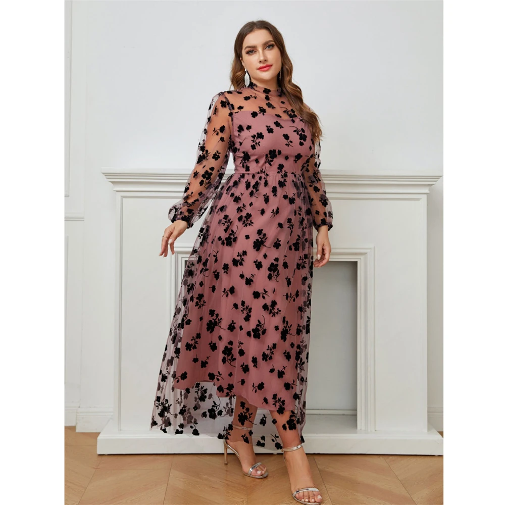 Women Plus Size Midi Dresses Long Sleeve Mesh Dress Luxury Designer Long Large Chic Elegant Turkish Evening Party Robe Clothing