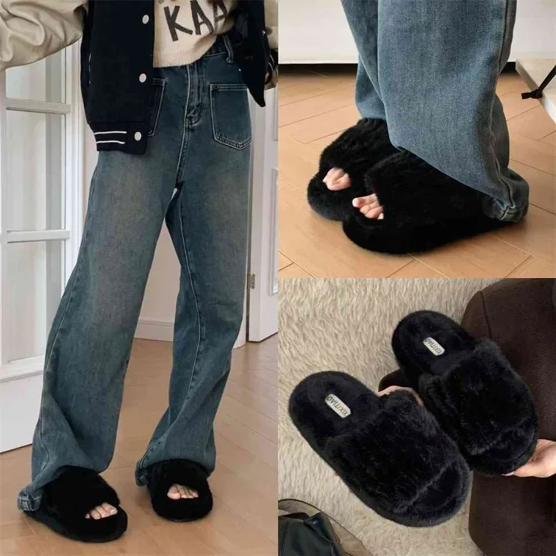 Women fall winter students indoor outdoor wear plush slippers senior sense of soft solid color versatile fashion cotton slippers