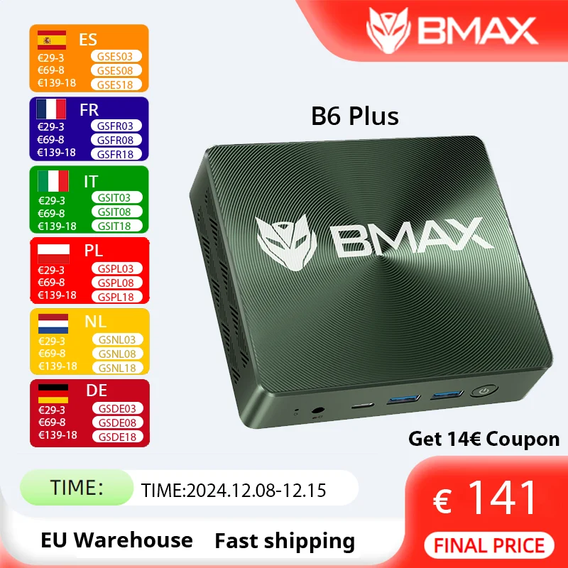 BMAX B6 Plus Mini PC Intel Core i3-1000NG4 até 3,2 GHz, 12 GB LPDDR4 512 GB SSD Wi-Fi 5 BT 4,2 3,5 mm Áudio Windows 11 Pro