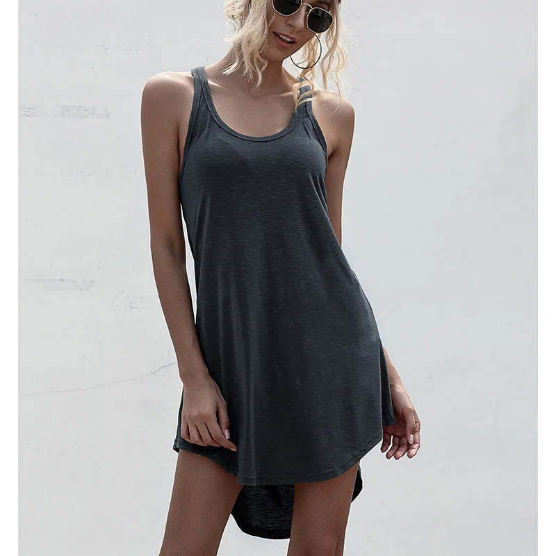 Summer Loose Off Shoulder Tank Dress Women Asymmetrical Solid O-neck Sleeveless Casual Tank Dress Vestidos Streetwear