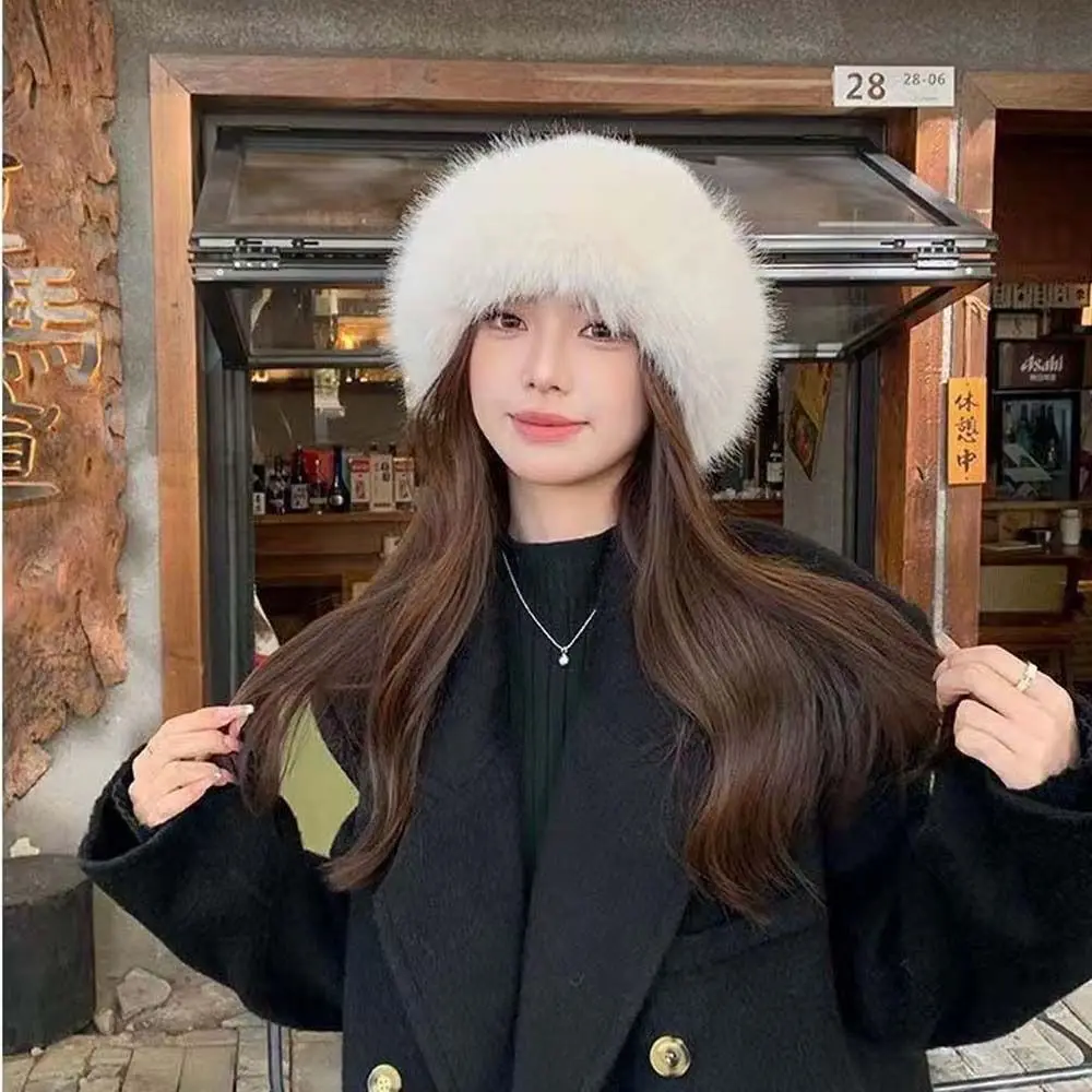 

Casual Warm Cap Faux Fur Mink Hat Korean Style Bucket Hat Plush Basin Cap Solid Color Solid Beanie Apparel Accessories