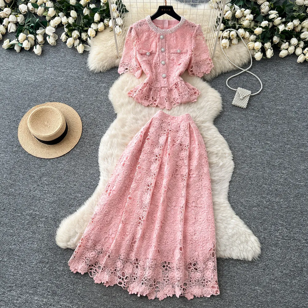 

Women Two Piece Sets Skirt Set Puff Sleeve Lace Tops Long Skirts A Line High Waist Y2k Streetwear Elegant Work Sweet Spring 2026