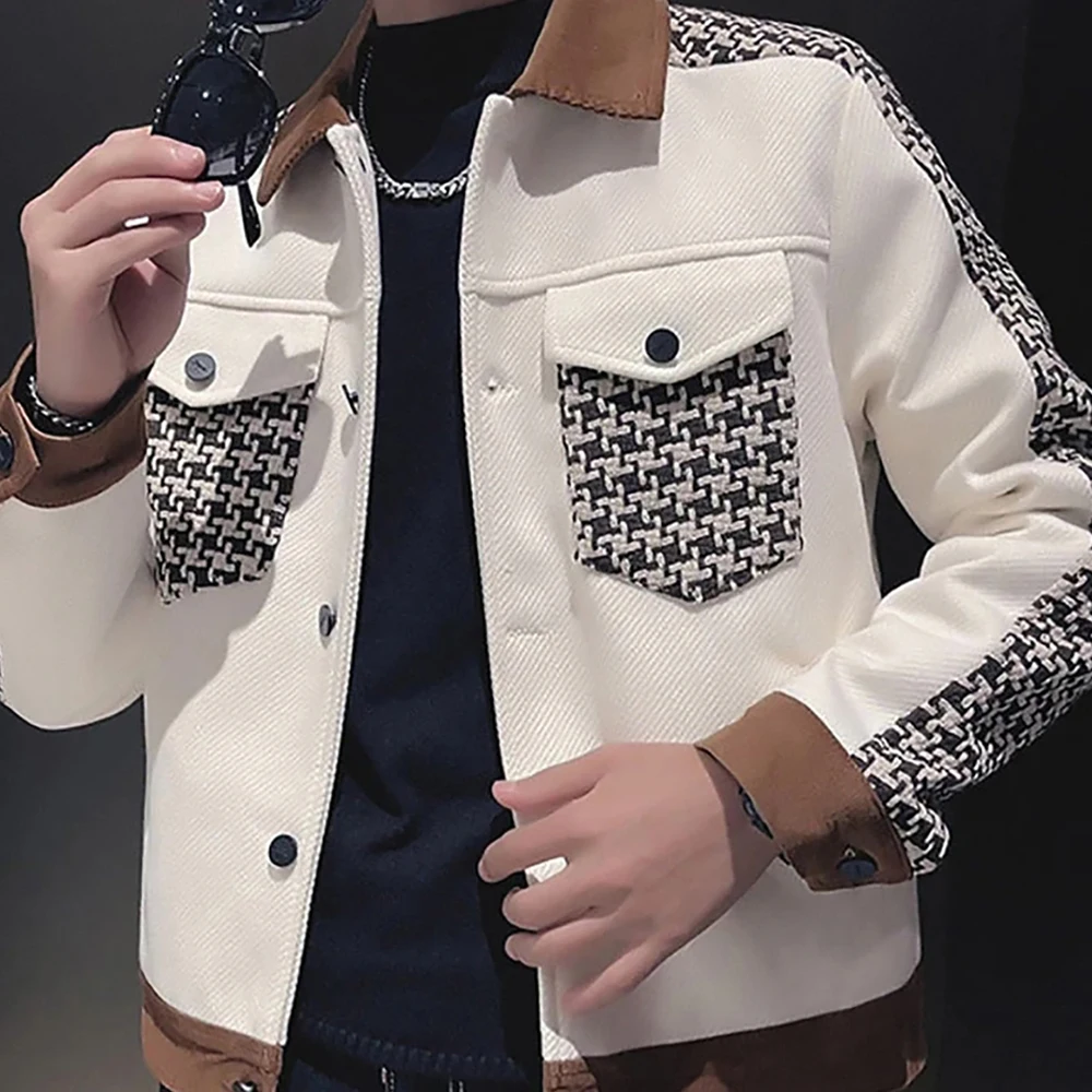 Men's Fashion Patchwork Jacket Autumn Winter Contrast Collar Casual Houndstooth Pocket Streetwear Stylish Male Outwear Jackets