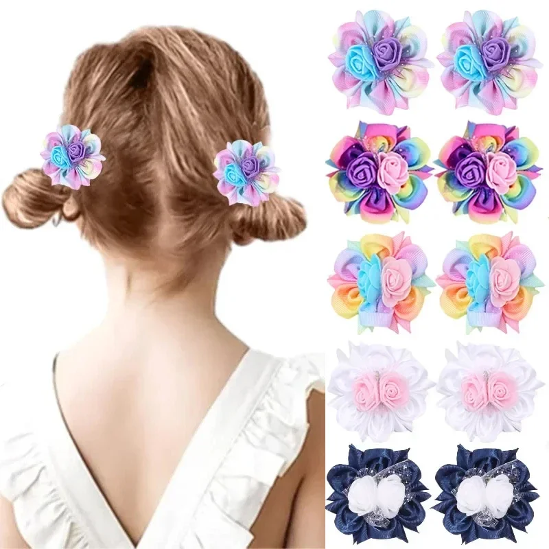 Oaoleer 2PCS Rainbow Ribbon Flower Hair Clip Cute Little Girls Colorful Rose Floral Hairpin Kids Barrettes Girl Hair Accessories