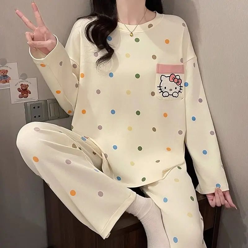 

Хлопковая пижама Sanrio Hello Kitty Y2K Kawaii с героями мультфильмов, студенческая одежда для сна, весенне-осенняя пижама с длинными рукавами и брюками, домашний костюм для женщин