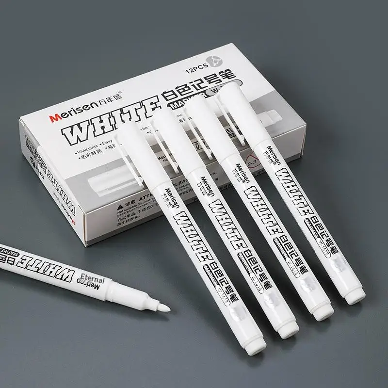 12pcs/Box Permanent White Marker Pens With Opaque Quick Drying Ink Smooth Tip For Diy Crafts Art Drawing Dark Surface Marking