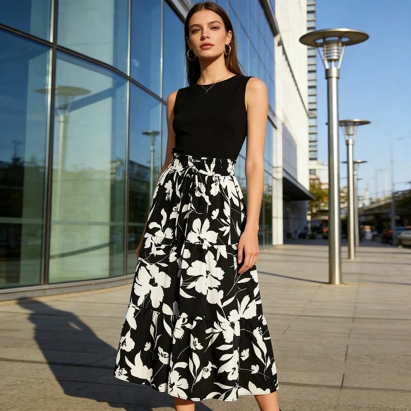 

Женская юбка макси А-силуэта с принтом, многоярусная юбка с оборками, повседневная юбка-полусолнце с цветочным узором, 1 шт.