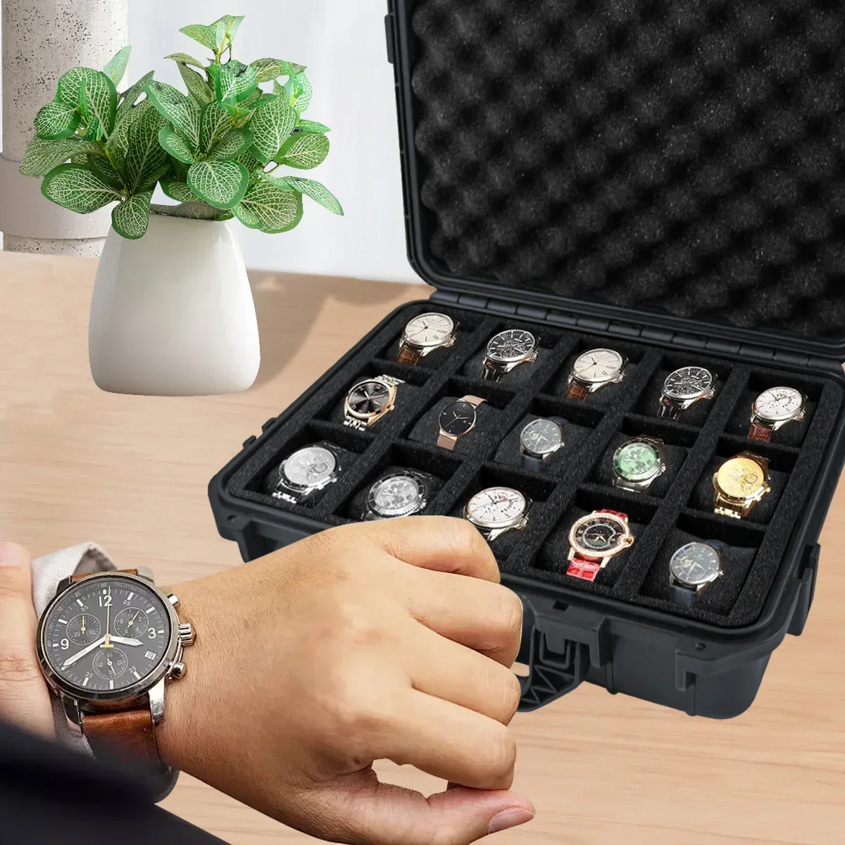 Wasserdichte Uhrenaufbewahrungsbox mit 8/15 Fächern, tragbare, feuchtigkeitsbeständige Uhrensammlungs-Schutzbox mit Schaumstoffeinlage – Detail 4