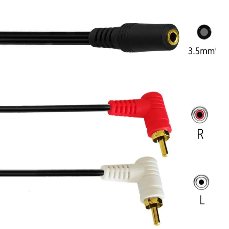 3.5mm Gold 1/8 Stereo Mini  Female to 2 Male RCA 90 Degree Right-Angled  Adapter Audio (Female to 2 Male)，0.25m/1.5m；