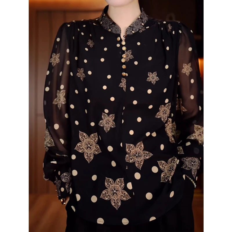 Women Korean Fashion Polka Dot Print Blouse Office Lady Vintage Elegant Commute Button Shirt Stand Collar Long Sleeve Loose Tops