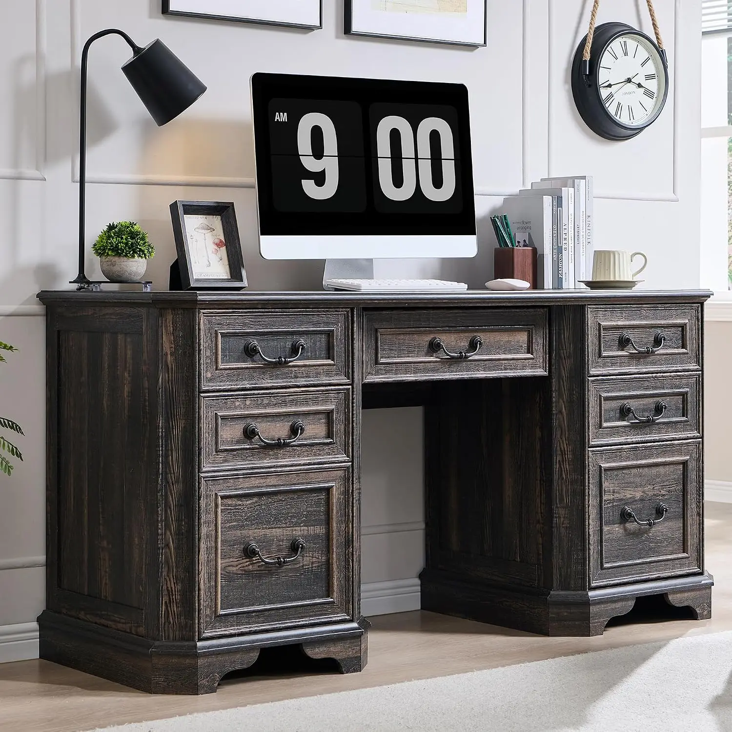 Farmhouse Executive Desk with Drawers, Wood Computer Desk with Keyboard Tray, Charging Station & File Drawer, 59
