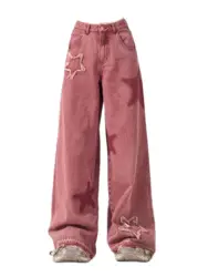 Jean à Jambes Droites et Larges pour Femme, Pantalon Décontracté, Rose, Étoile, Design, Drapeau, Été, Y2K