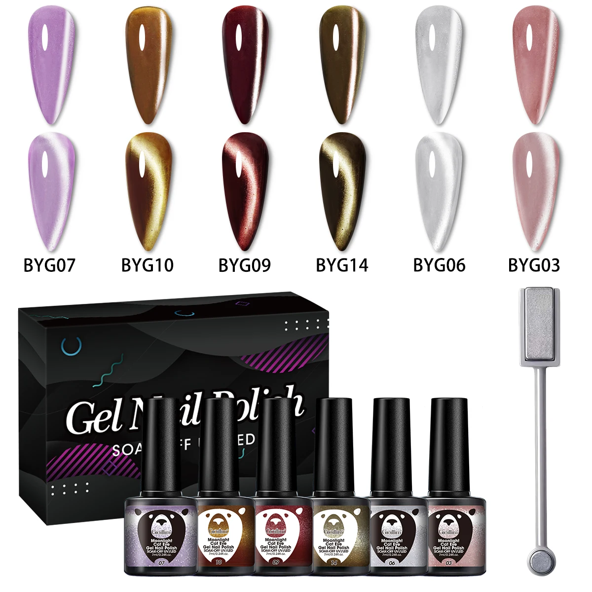

Groillim Cat Eye Gel Nail Polish Set - 6 colors, including Moon White Cat Eye and Ice Crystal Satin Cat Eye with high-gloss clea