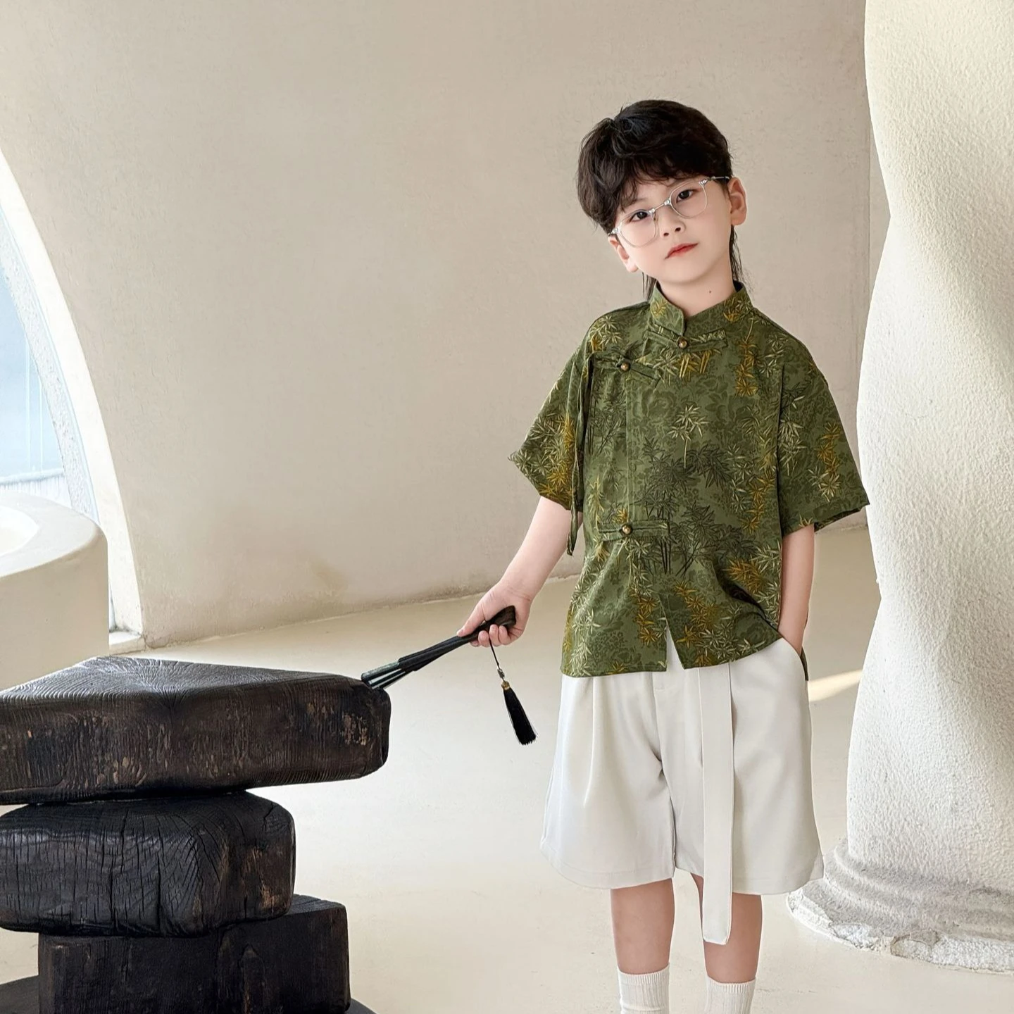 Boys' Suit 2026 Spring/summer New Children's Suit Boys' Baby New Chinese Bamboo Print Shirt with Ribbon Shorts Two-piece Set