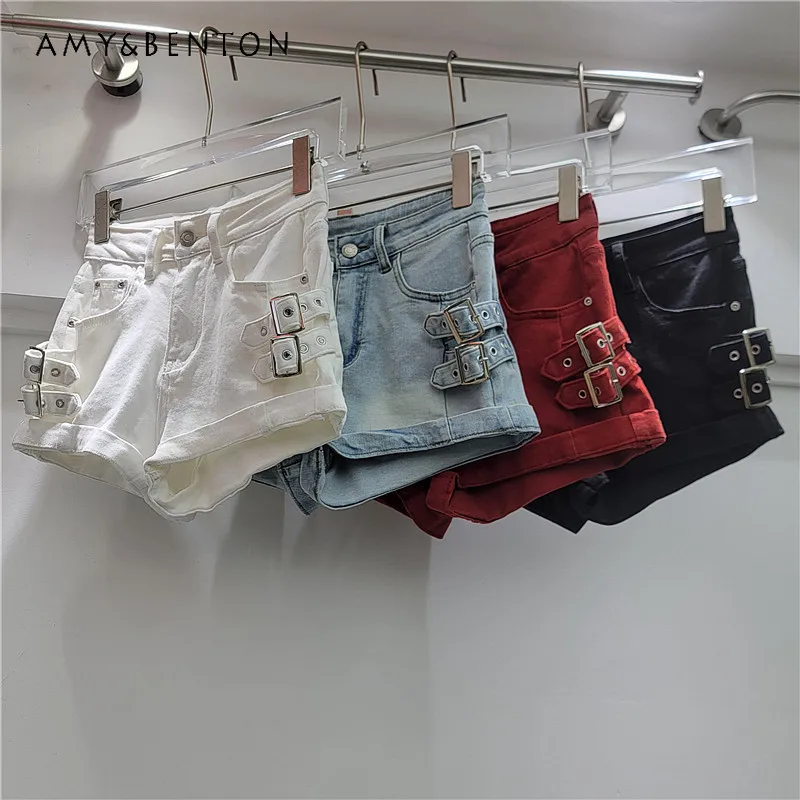 

2026 Summer New Arrival Vintage Rolled Edge Denim Short Pants Ladies Stretch Slim Fit A Line Wide Leg Booty Shorts Street Style