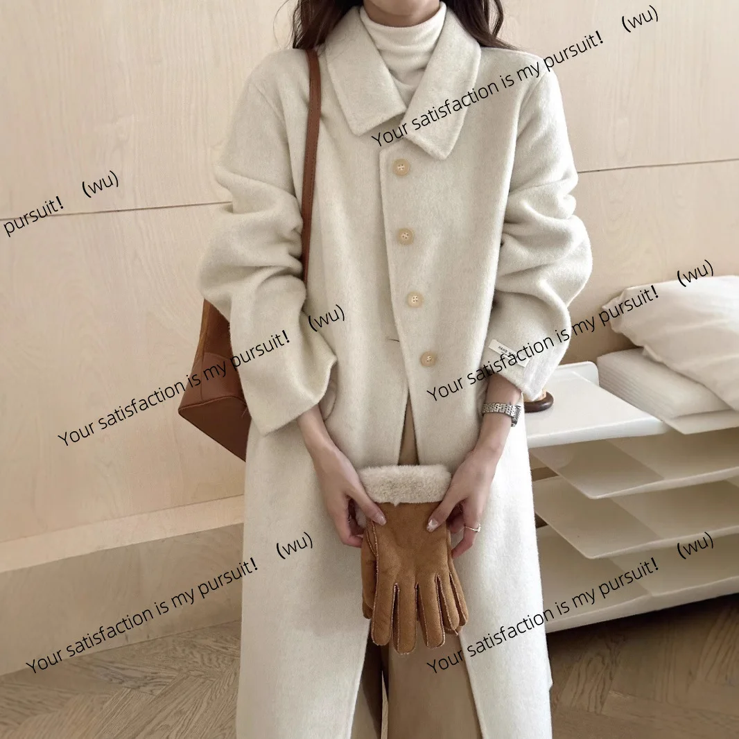 

Высококачественное простое однобортное двустороннее шерстяное пальто среднего и длинного цвета с кукольным воротником, кашемировая куртка с утолщенными большими манжетами