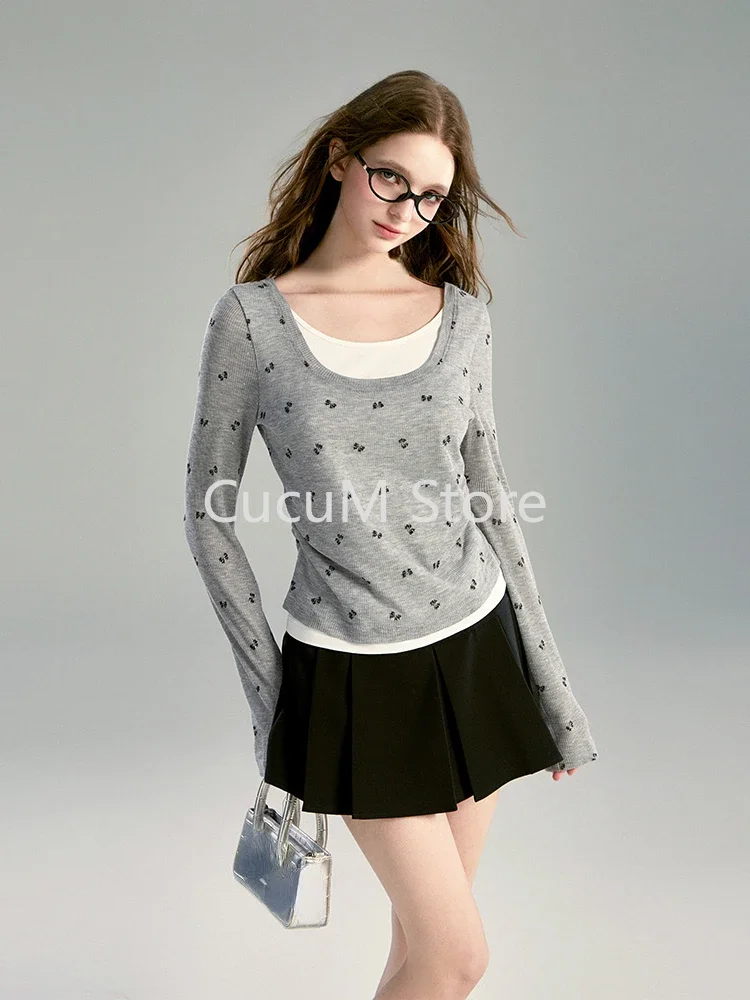 French Style All Match Fake Two Pieces T-Shirts Women Sweet Print Design Tops Autumn 2024 Harajuku O-Neck Tees Tren Chic