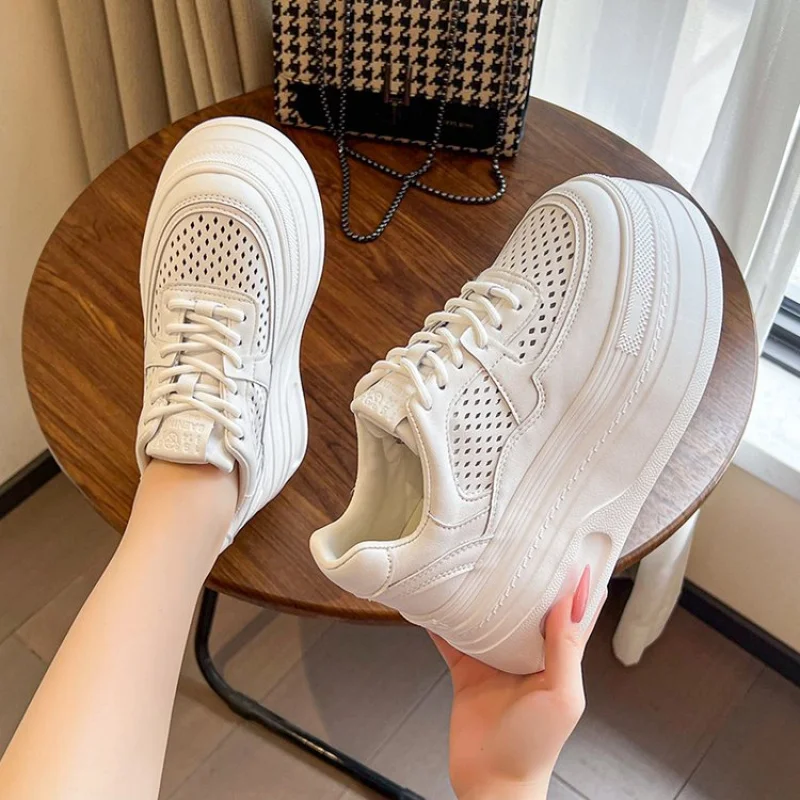New Fashionable Breathable Comfortable Hollow out Women's Sneakers Thick Bottom Casual Heightening Slimming Board Shoes