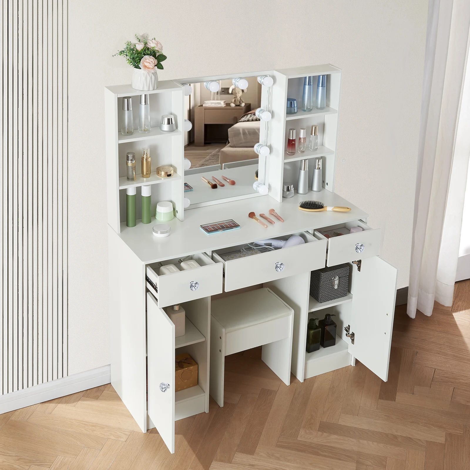 طقم طاولة زينة بمرآة مضاءة بإضاءة LED مع 5 أدراج #4