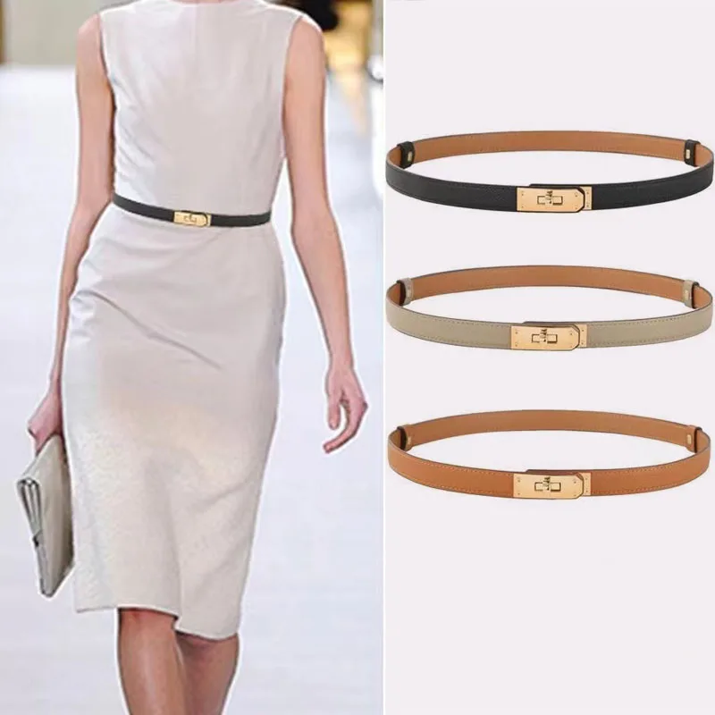 

Double Cowhide Leather Fashion Waistband Belt for Women Golden Lock Buckle Jeans Dress Waistband Belt