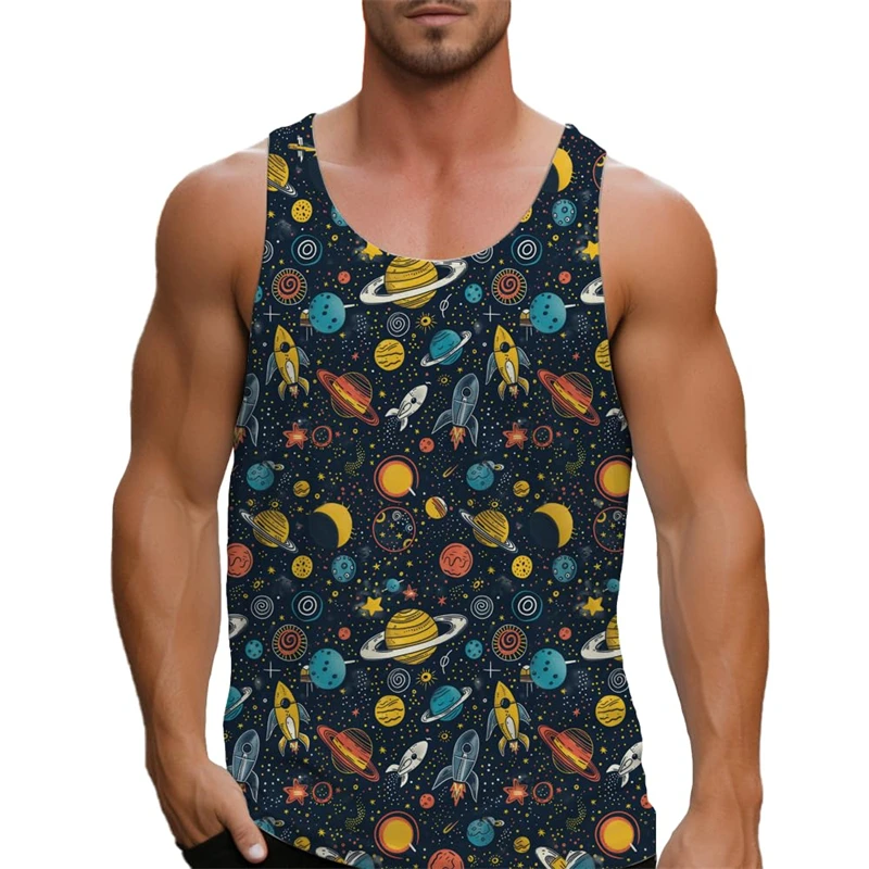2025 Galaxy Space Colorful Graphic Tank Tops Men Sleeveless Planet Rockets Beach Vest Summer Street 3D Printed Tee Unisex Top
