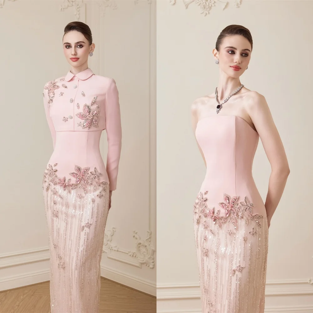 

customized Elegant Pink Jersey Homecoming Dress Delicate Crew Neck Long Sleeves Crystal Flowers Tassel Zipper Back Robe de soi