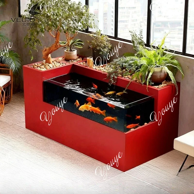 A19 Stainless steel metal glass fish tank balcony ecological fish tank circulating water filter flowing water landscape flower b