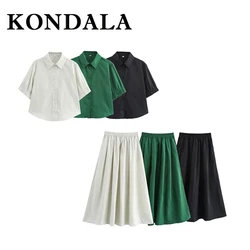 KONDALA 2025 Summer Women Solid Casual Suit Single Breasted Shirt+Elastic Waist Midi Pleated Skirt Vintage Green Fashion Sets