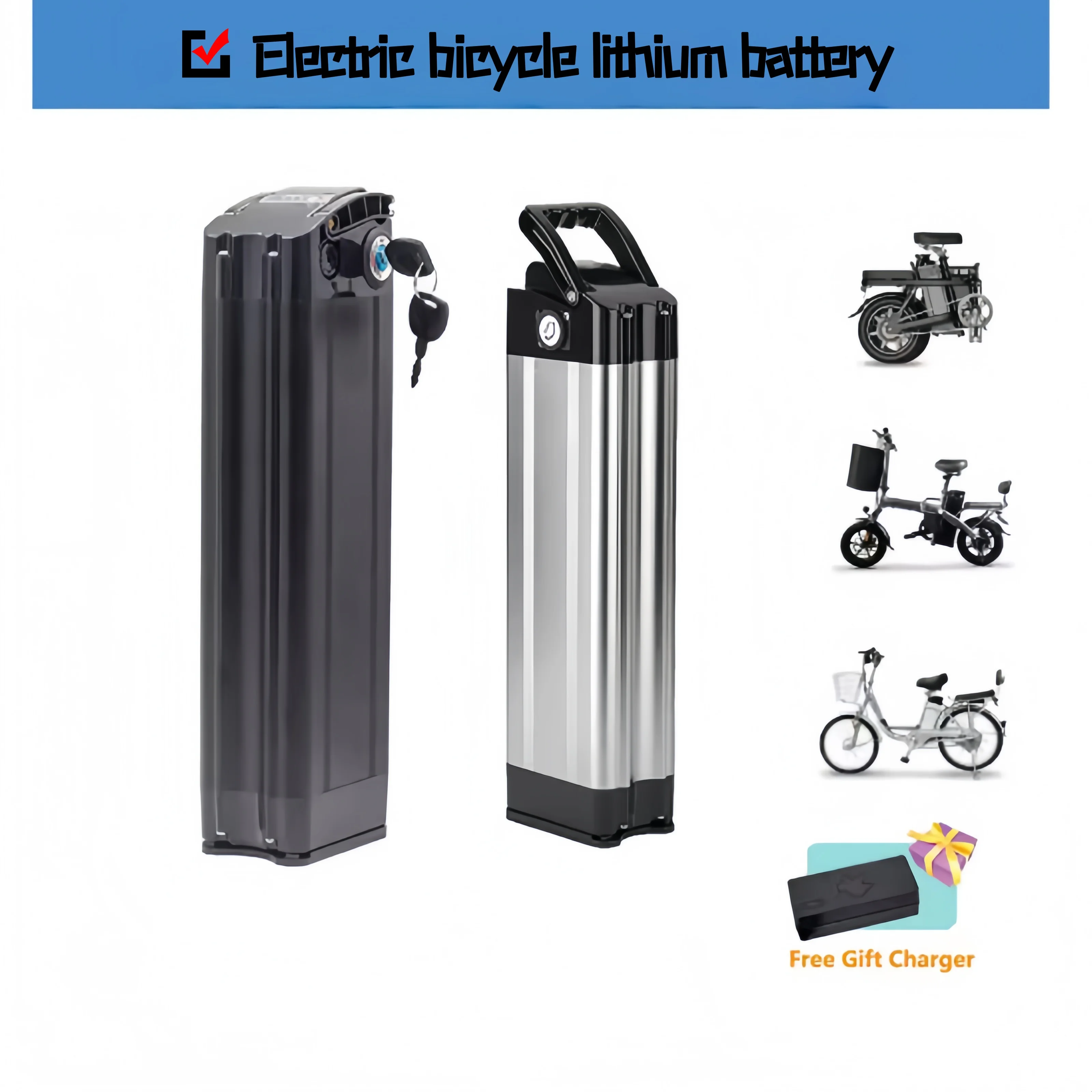 

Lithium Silver Fish Bicycle driving battery, take-away battery 48V10AH 13AH 15AH 18AH 21AH brand new with charger