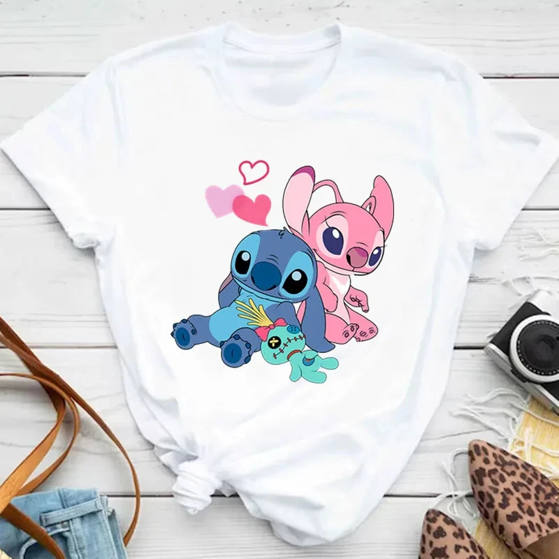 Kawaii Stitch and Angel Heart T Shirt Fashion Female Summer White Tops Short Sleeve Casual Harajuku Cotton Soft T-shirts