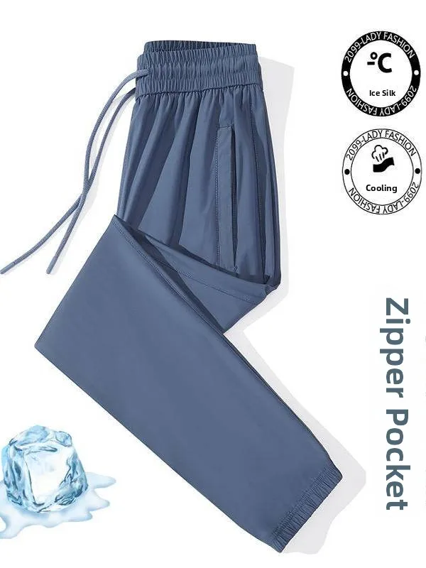 

KKQ Ice Silk Свободный крой Летние спортивные повседневные брюки для женщин Тонкая молния Большой размер Ти сухие брюки с высокой талией Прямые брюки