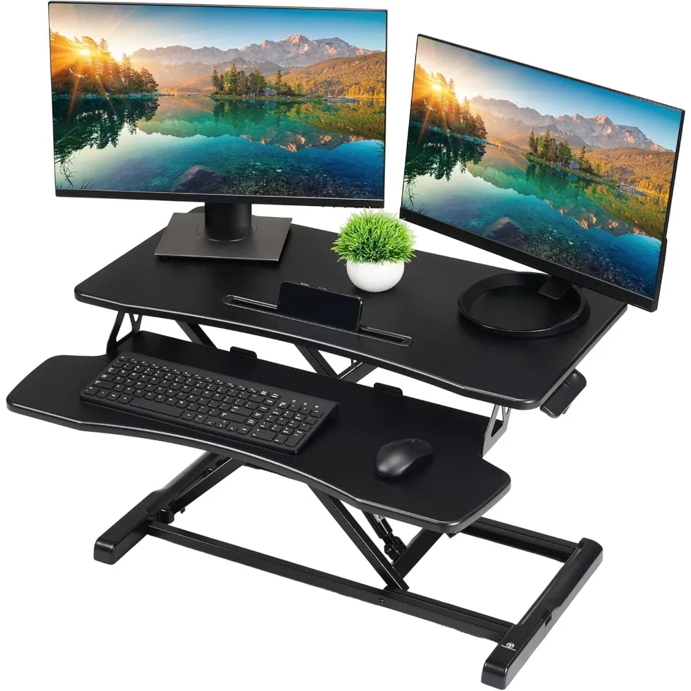 

Vertical office desk converter -32 inches height adjustable, medium density fiberboard wood, black sit up board, 32 inches