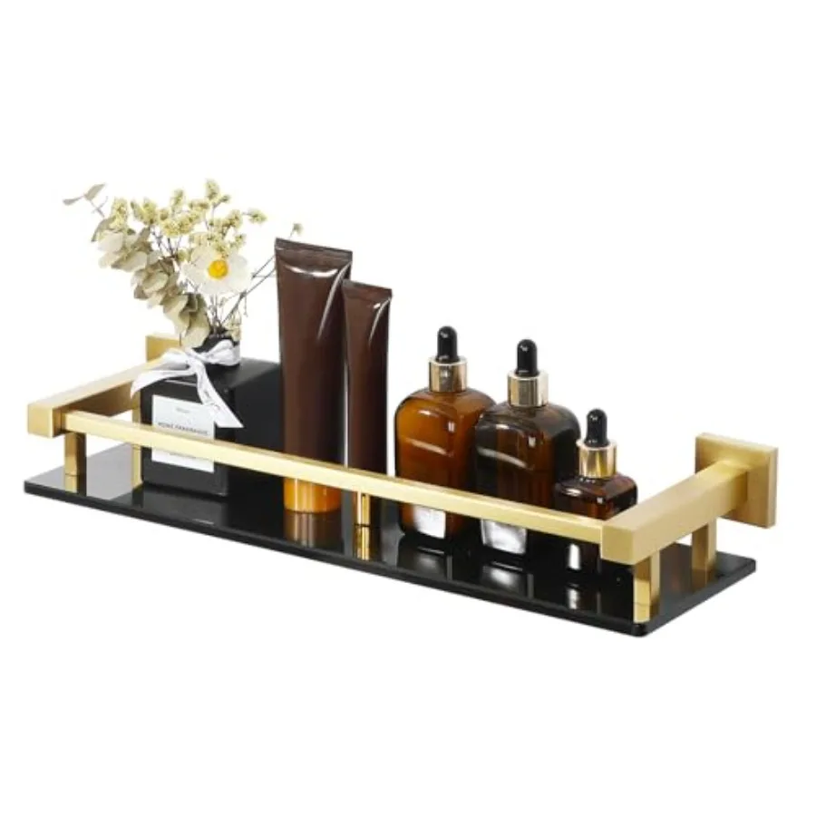 Bathroom Glass Shelf with Staless Steel Railg, Gold Small Tempered Glass Floatg Wall Shelf Over The Toilet