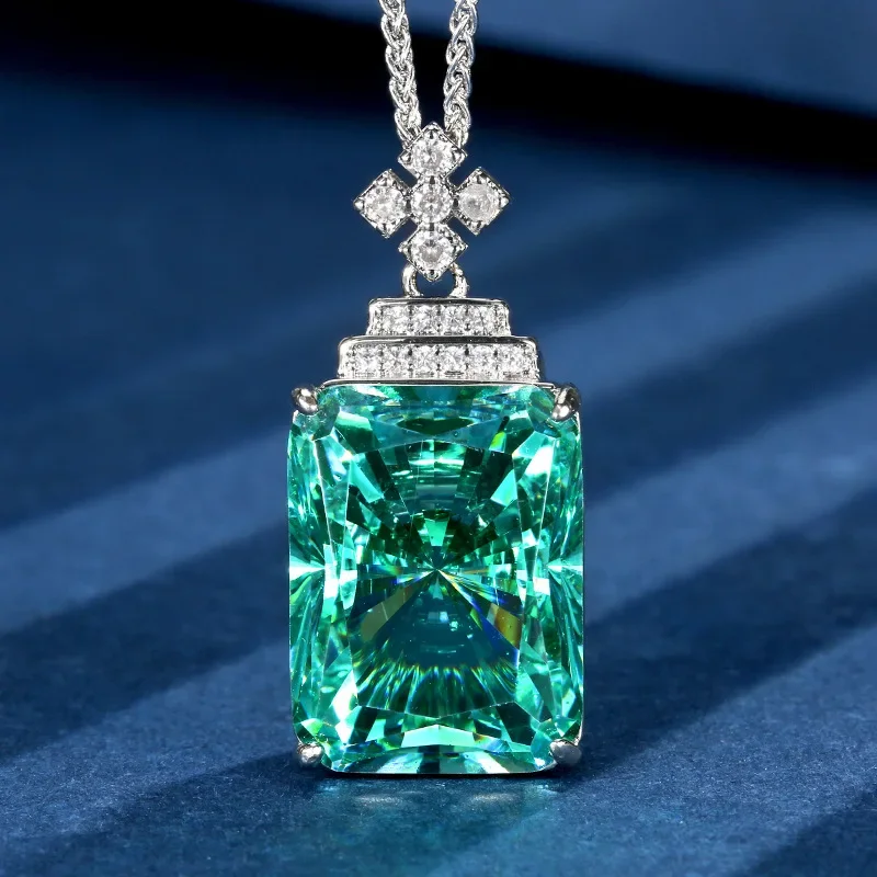 

Vintage Paraiba Like Teal Green Stone Pendant Necklace Emerald Cut Rectangle Cubic Zirconia Statement Jewelry with Cross Accent