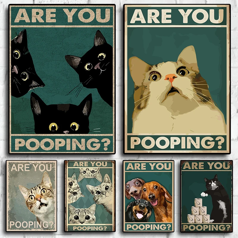 Vintage Toilet Animals Cat Dog Are You Pooping Funny Bathroom Sign Poster Canvas Painting Wall Art Pictures Home Bathroom Decor