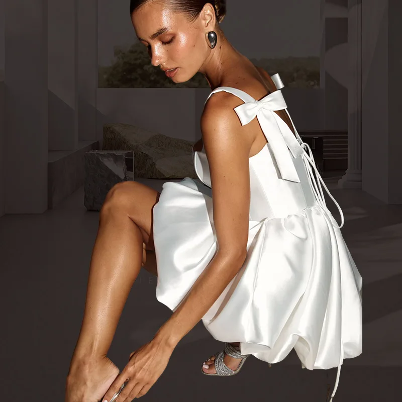 A Line Satin Mini Length Bow Spaghetti Straps  Evening Bridesmaid Dresses Wedding Party Formal Prom Birthday Lace Up Back